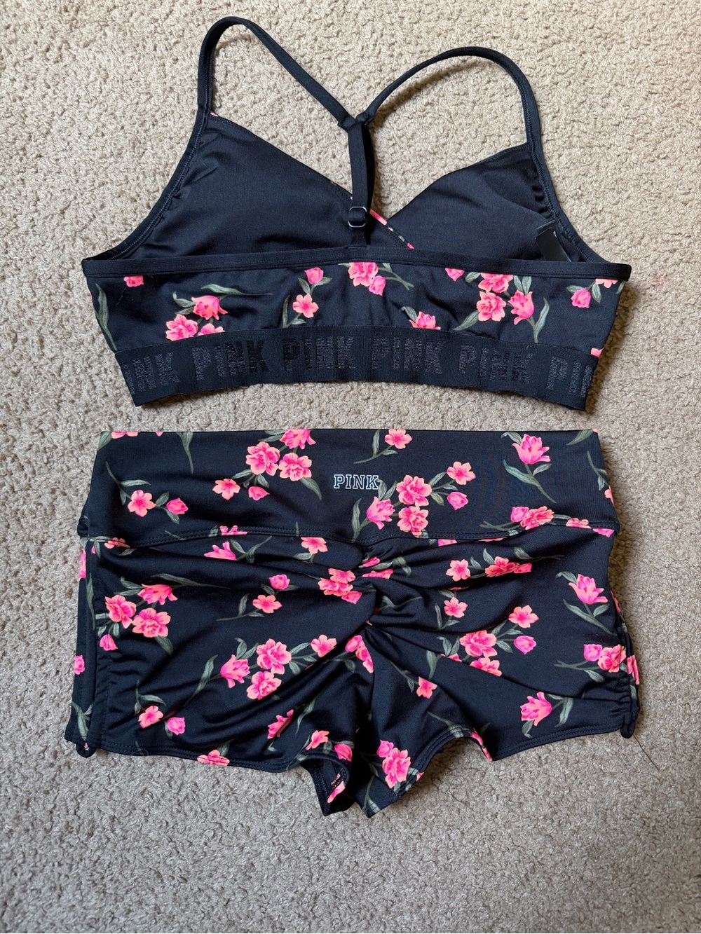 PINK Victoria's Secret Black Bikini Set with Pink Floral Print - Picture 3 of 4